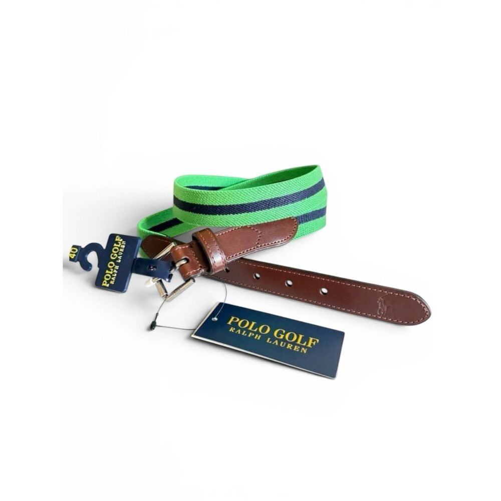 Polo Ralph Lauren Polo Golf Men’s Belt Green Navy Stripe Elastic Leather 40 NWT